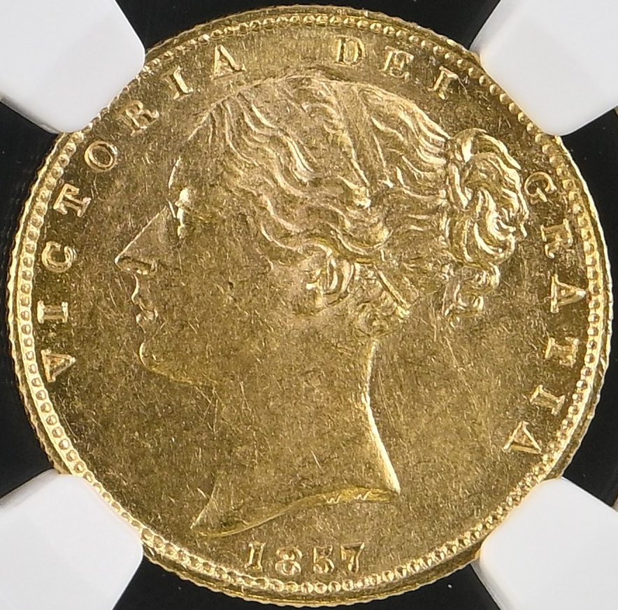 1857 Queen Victoria Shield Reverse Sovereign - NGC AU 58