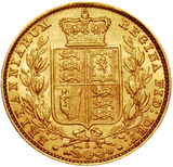 1880-S Queen Victoria Shield Reverse Sovereign - A for V in VICTORIA