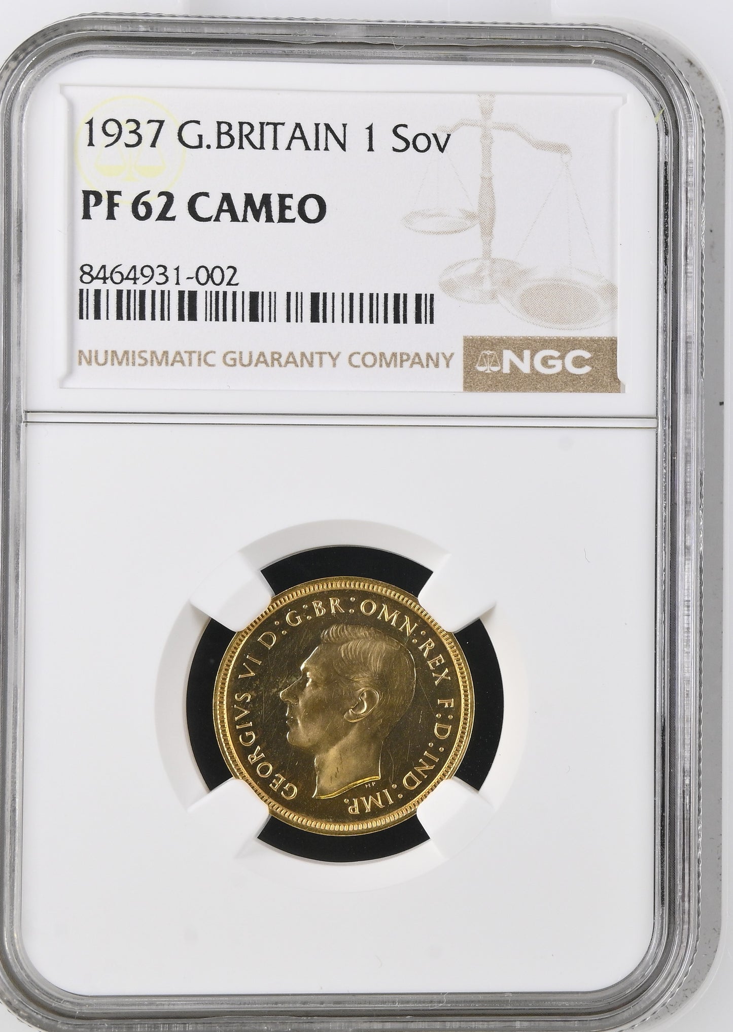 1937 King George VI Proof Specimen Full Sovereign - NGC PF-62 Cameo