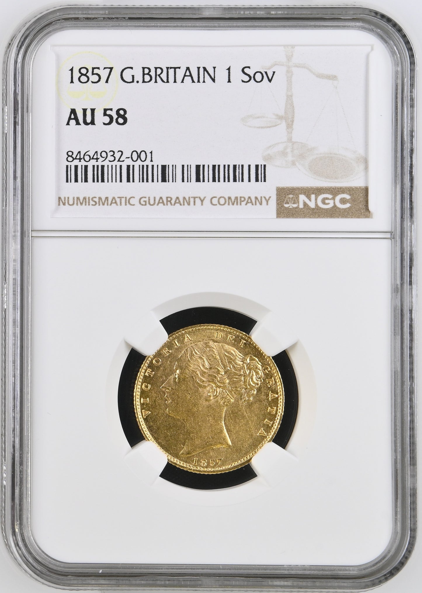 1857 Queen Victoria Shield Reverse Sovereign - NGC AU 58