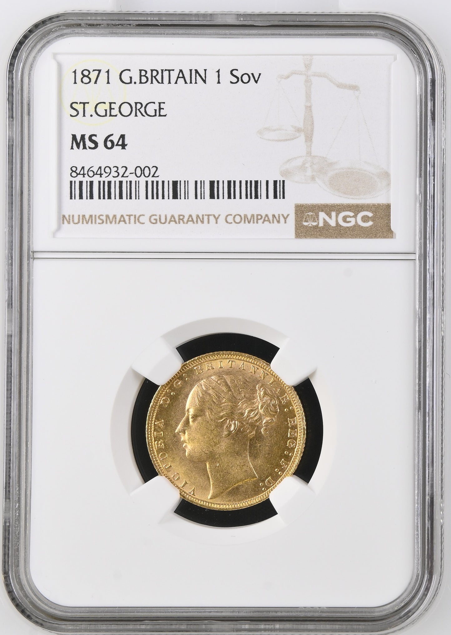 1871 Queen Victoria Young Head Gold Sovereign - NGC MS 64