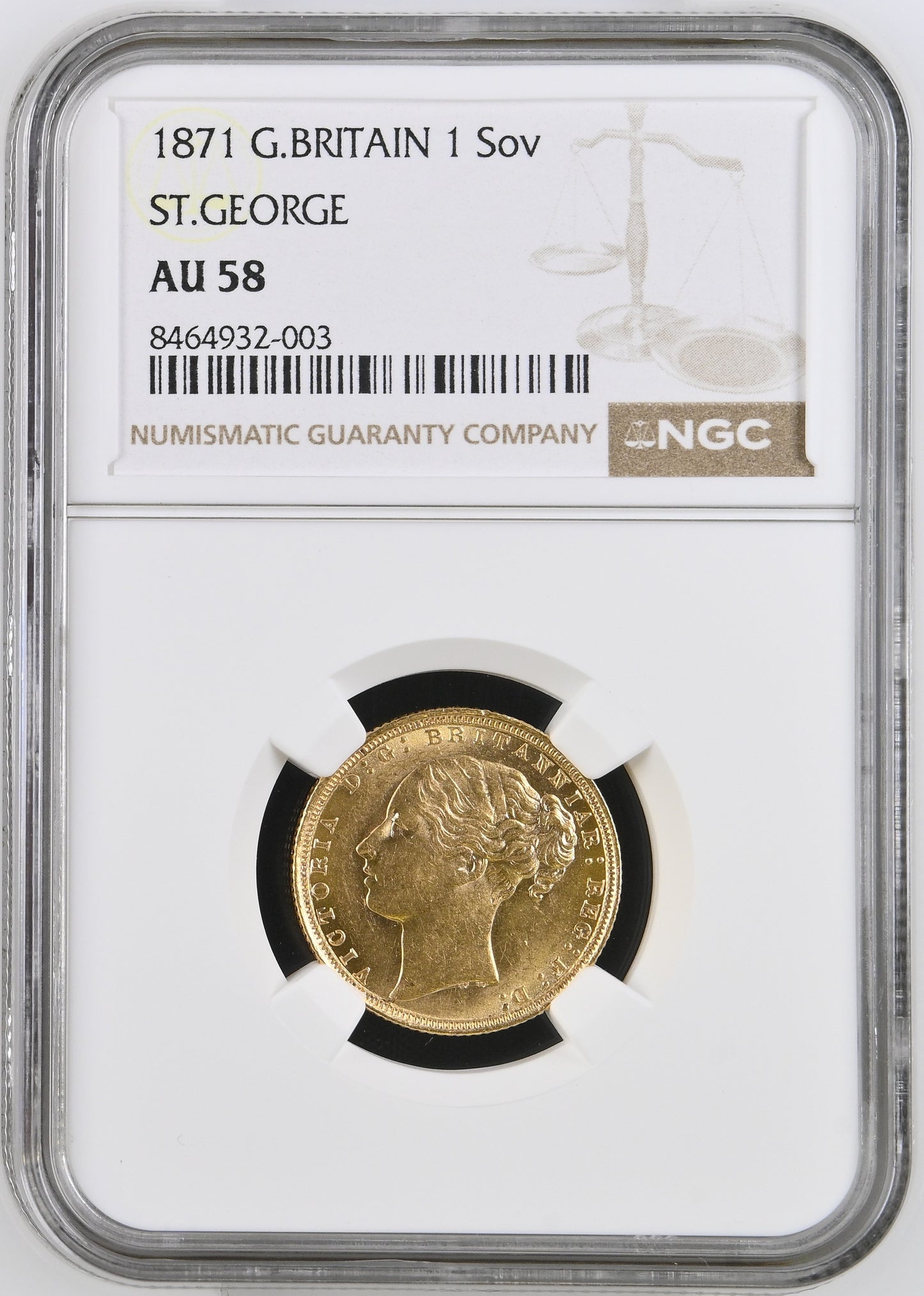 1871 Queen Victoria Young Head Gold Sovereign - Large B.P - NGC AU 58