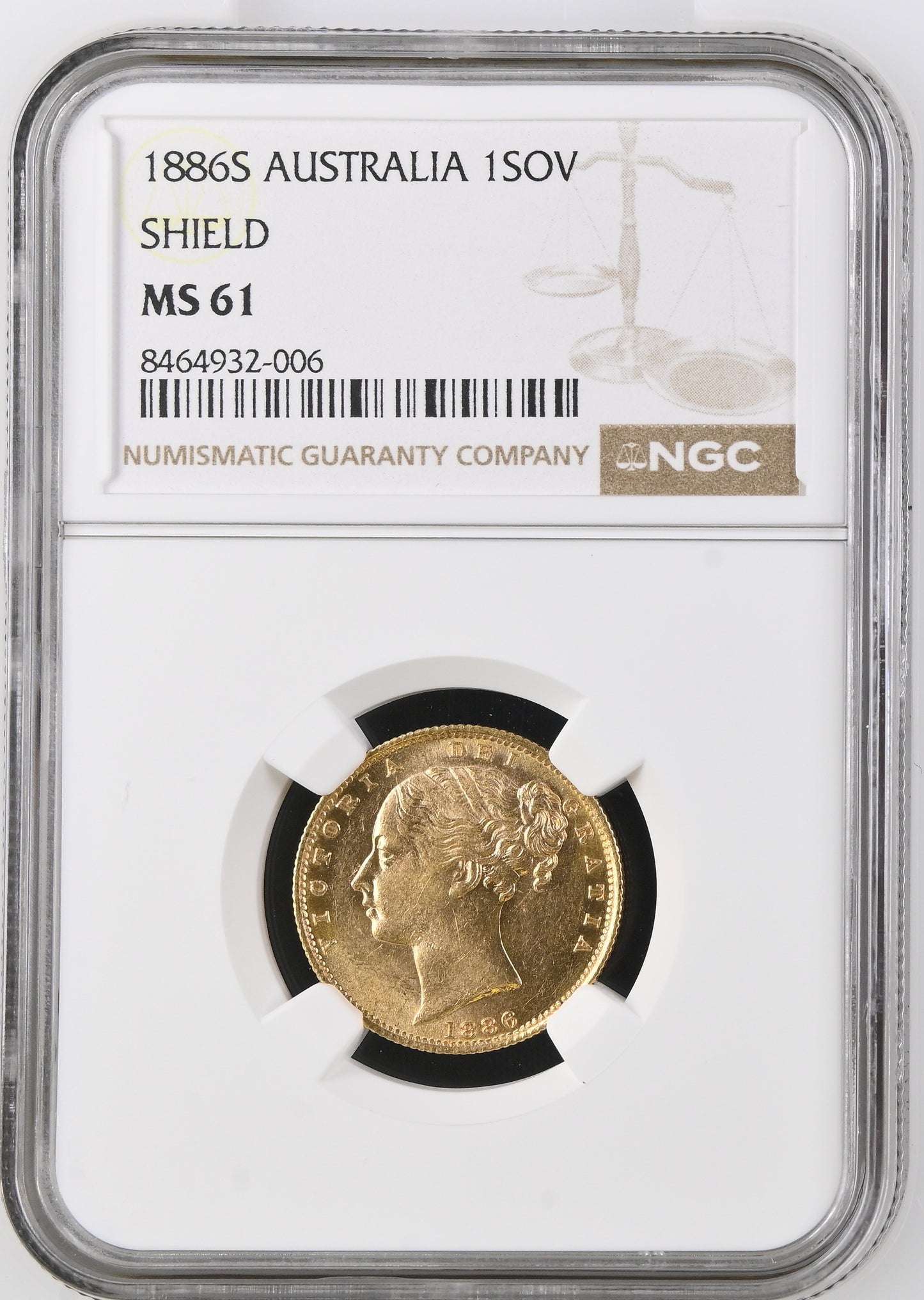 1886-S Queen Victoria Shield Reverse Sovereign - About As Struck