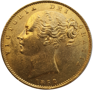 1862 Queen Victoria Shield Reverse Sovereign - WIDE DATE