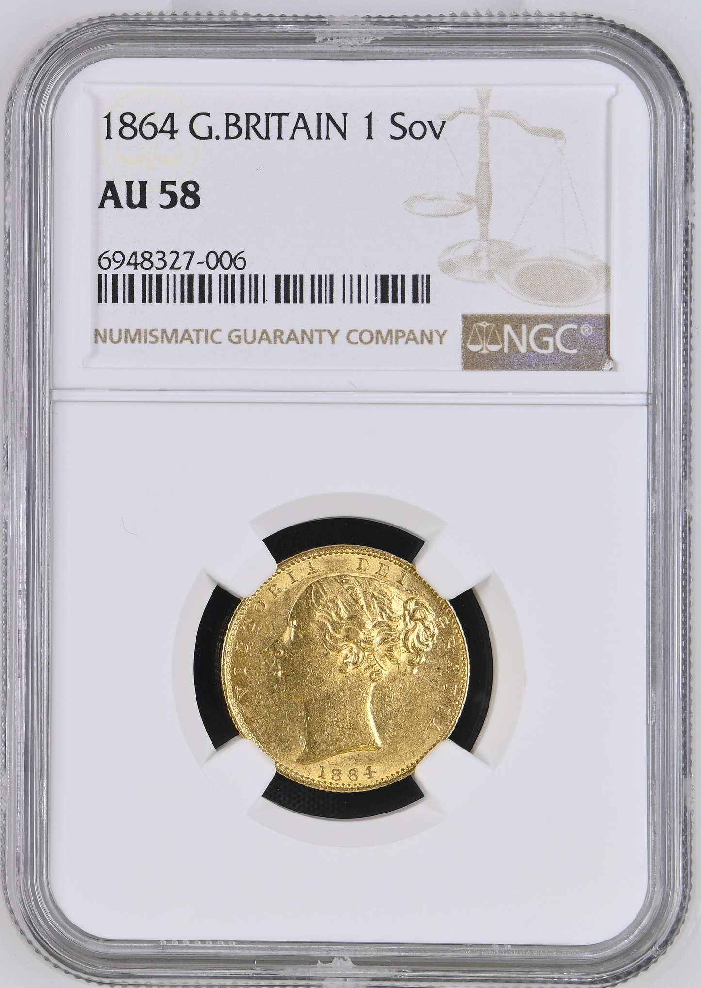 1864 Queen Victoria Shield Reverse Sovereign - NGC AU 58