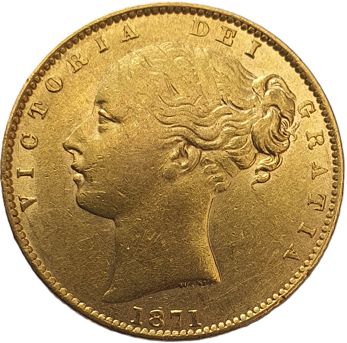 1871-S Queen Victoria Shield Reverse Sovereign - WW in relief