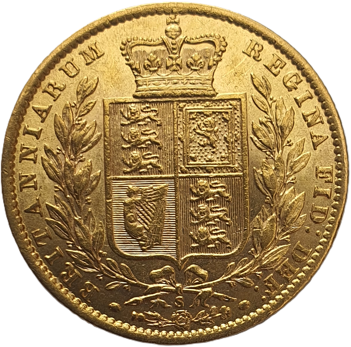 1871-S Queen Victoria Shield Reverse Sovereign - WW in relief