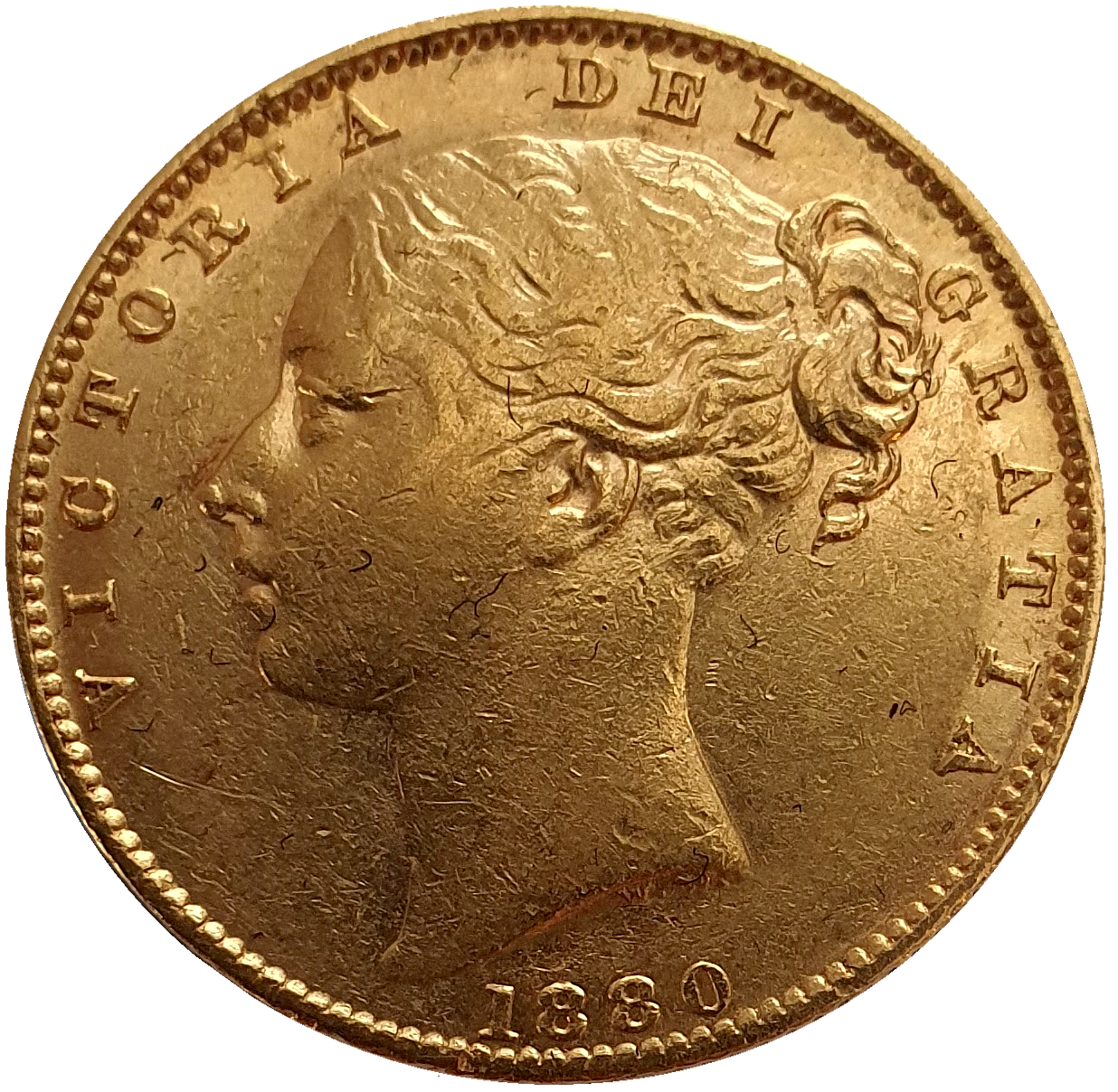 1880-S Queen Victoria Shield Reverse Sovereign - A for V in VICTORIA