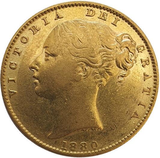 1880-S Queen Victoria Shield Reverse Sovereign - A for V in VICTORIA