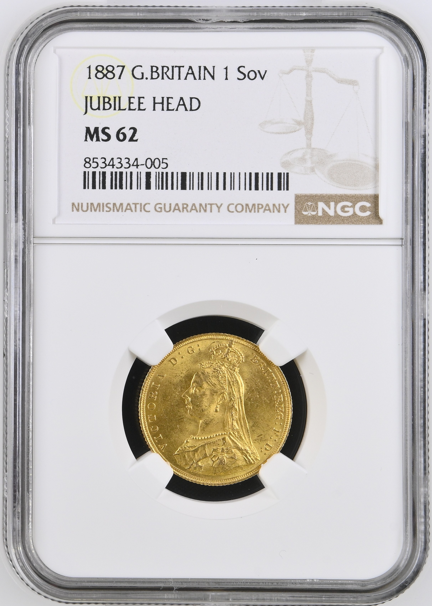 1887 Queen Victoria Jubilee Head Gold Sovereign - (First Bust) DISH L7 - NGC MS62
