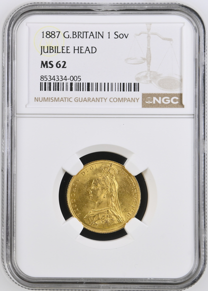 1887 Queen Victoria Jubilee Head Gold Sovereign - (First Bust) DISH L7 - NGC MS62