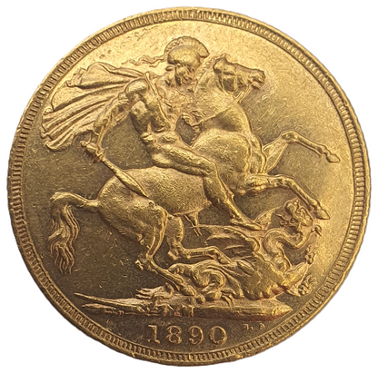 1890-M Queen Victoria Jubilee Head Gold Sovereign - DISH M14 (Letter O for Zero)
