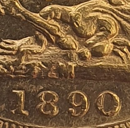 1890-M Queen Victoria Jubilee Head Gold Sovereign - DISH M14 (Letter O for Zero)