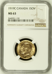 1919-C King George V Gold Sovereign (Ottawa / Canada) NGC - MS 63