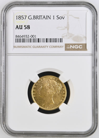 1857 Queen Victoria Shield Reverse Sovereign - NGC AU 58
