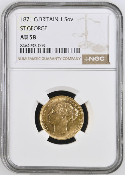 1871 Queen Victoria Young Head Gold Sovereign - Large B.P - NGC AU 58