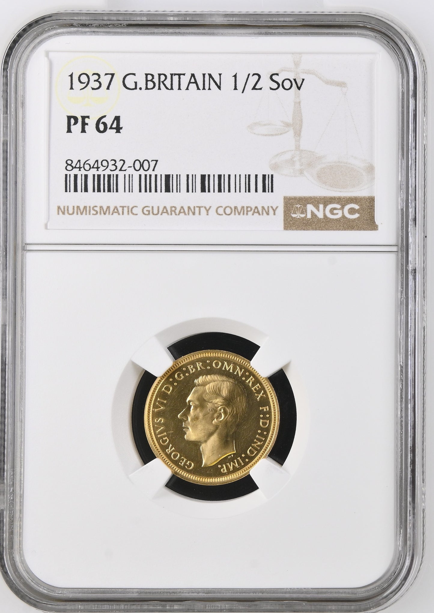 1937 King George VI Proof Specimen Half Sovereign - NGC PF64
