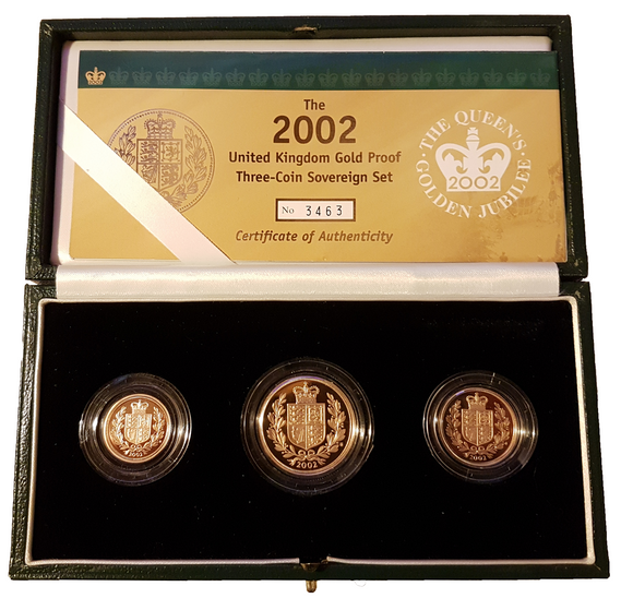 2002 Queen Elizabeth II Proof 3 Coin Gold Shield Reverse Sovereign Set + COA