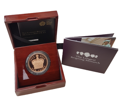 2015 Queen Elizabeth II The Longest Reigning Monarch + Gold Proof £5 Boxed / COA