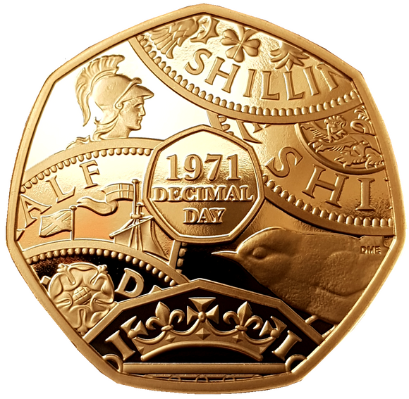 2021 50th Anniv of Decimal Day Gold Proof 50p Coin (Strike on the Day)